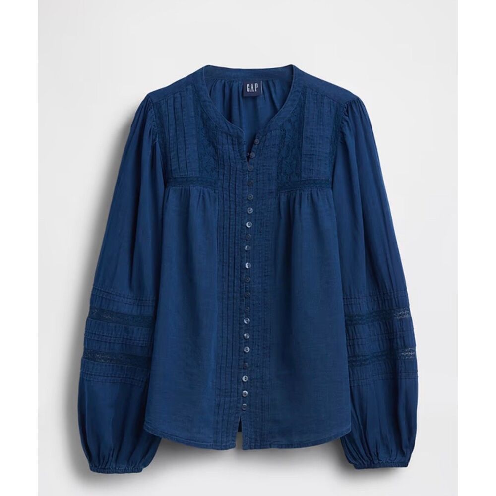 NWOT Gap Lace-Trim Pintuck Top navy lace flowy blouse 100% cotton medium doen